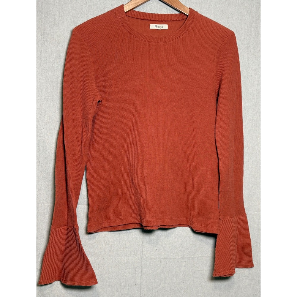 Madewell Ribbed Bell Sleeve Top Burnt Orange‎ Rust Crew Neck H5784 Womens Medium